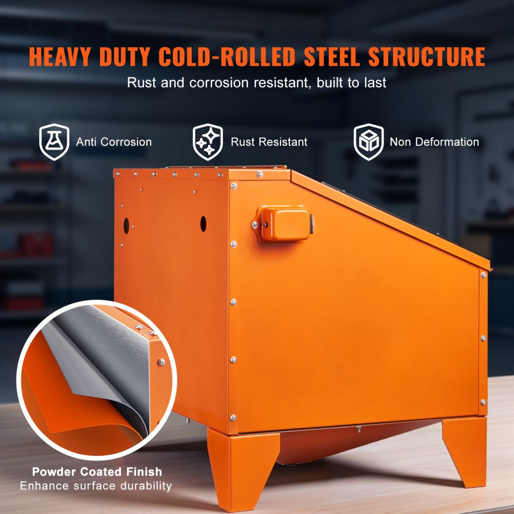 Orange heavy-duty steel sandblasting cabinet with 40-gallon capacity, viewing window, and blasting gun.