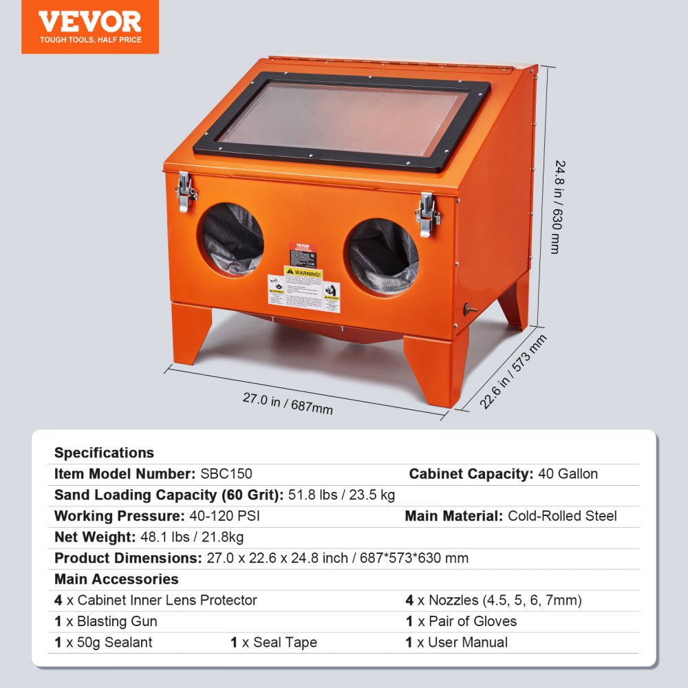 Orange steel sandblasting cabinet with acrylic window, gloves, and dimensions labeled.