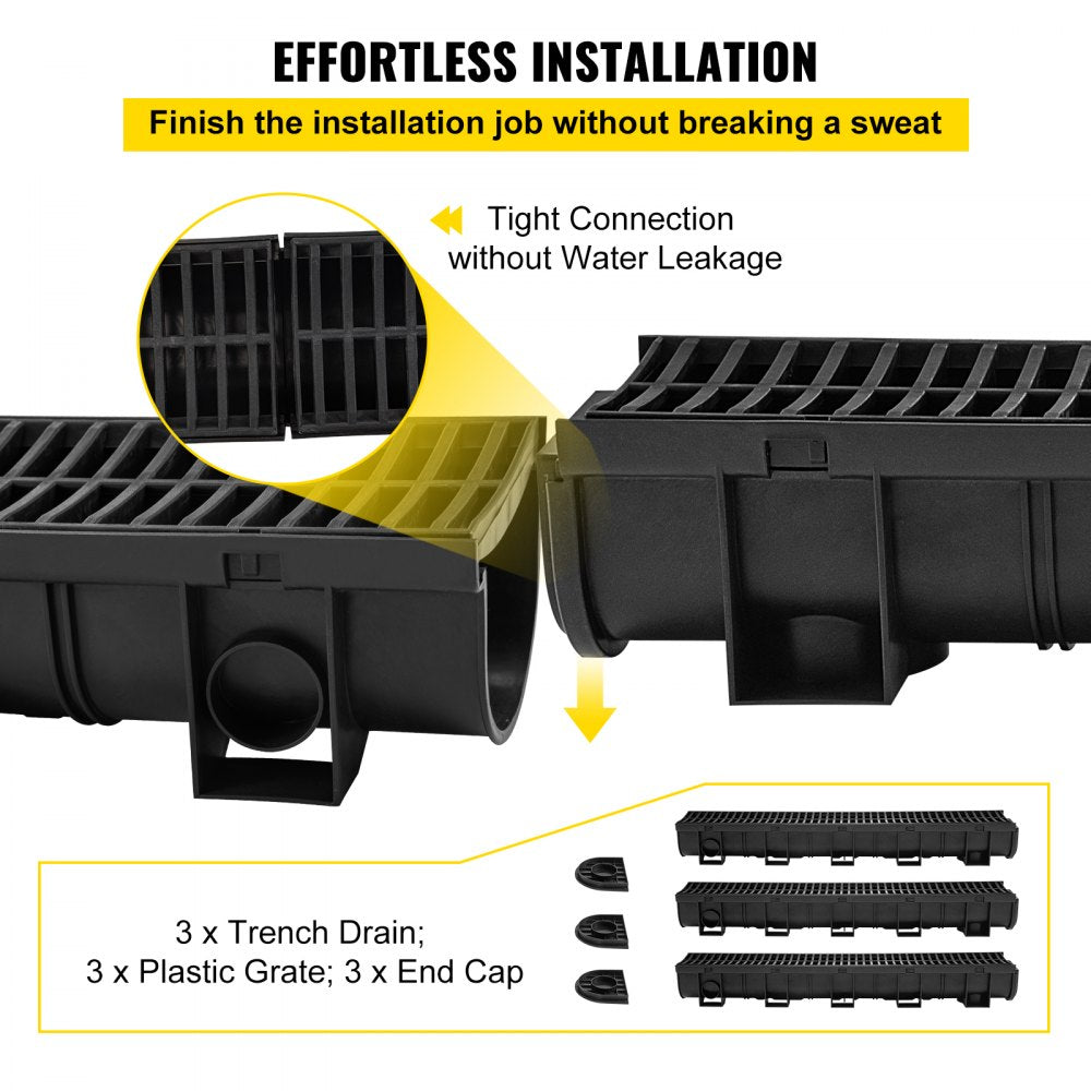 Bostome HDPE trench drain system with black plastic grates in a 3-pack for effective drainage.