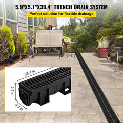 Black HDPE trench drain system with plastic grates, includes six interlocking channels.