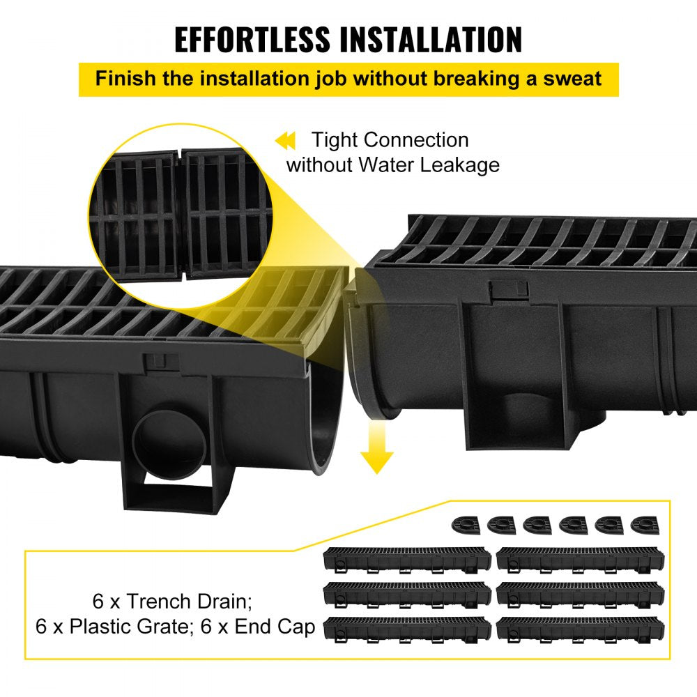 Black HDPE trench drain system with plastic grates, includes six interlocking channels.