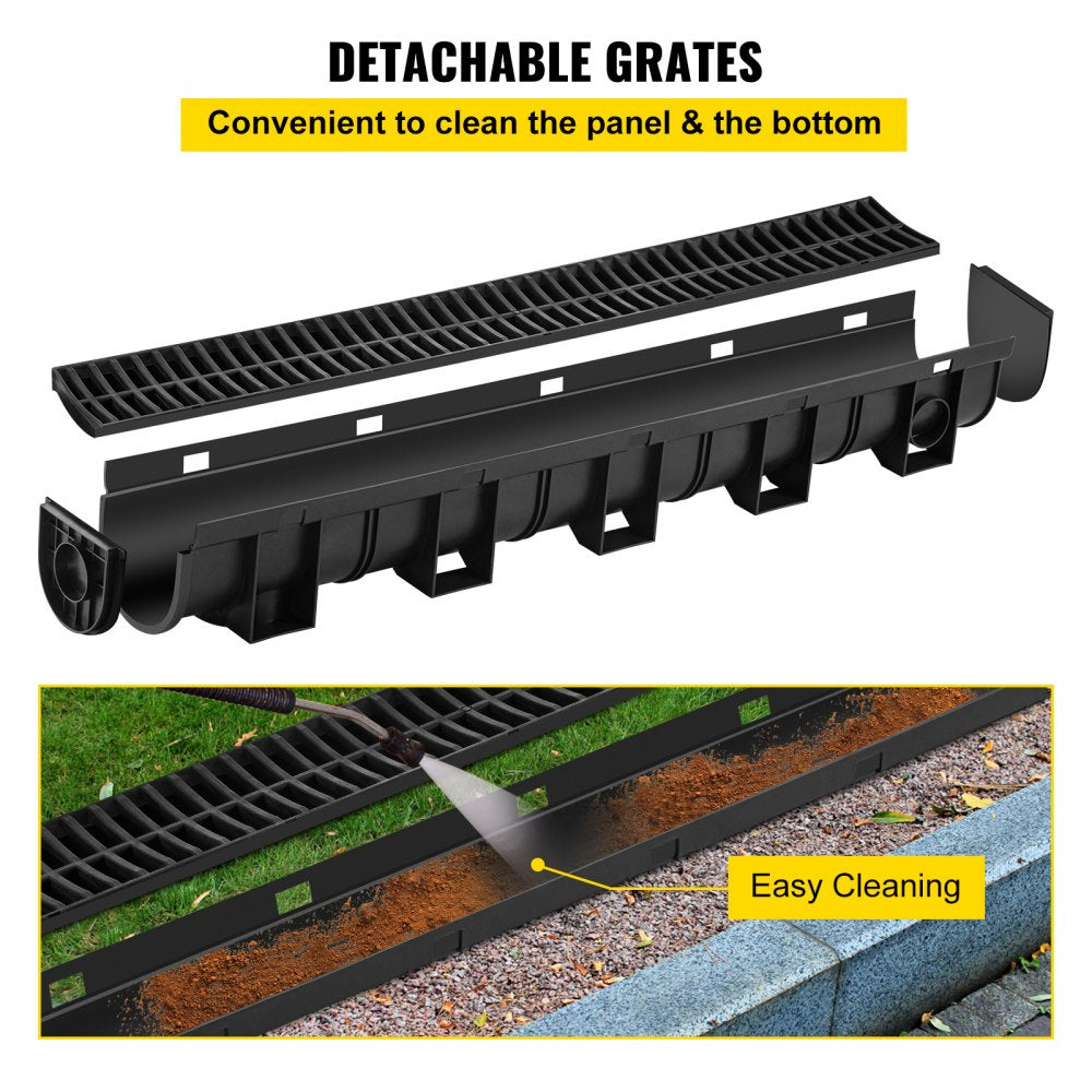 Bostome HDPE trench drain system with black plastic grates in a 6-pack for outdoor drainage.