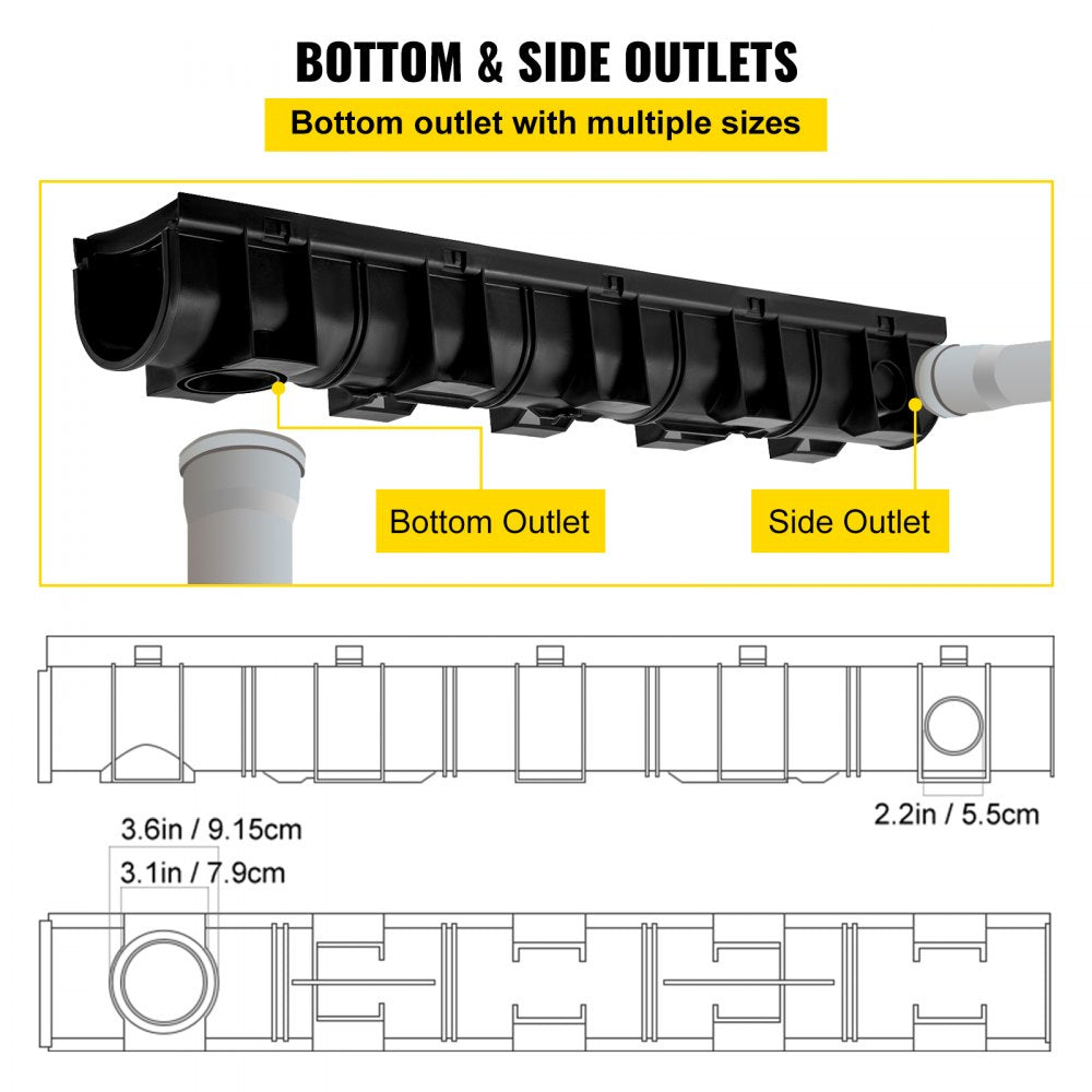 Bostome HDPE trench drain system with black plastic grates in a 6-pack for outdoor drainage.