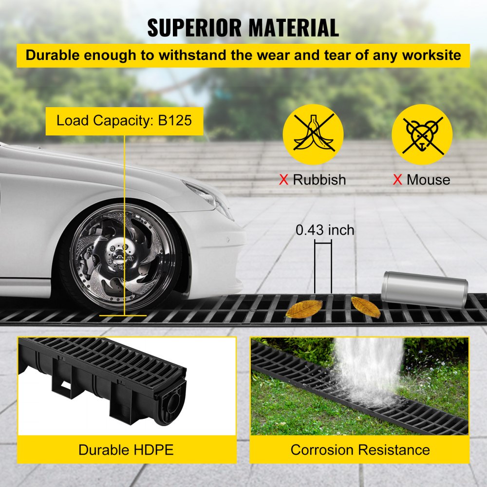 Bostome HDPE trench drain system with black plastic grates in a 6-pack for outdoor drainage.