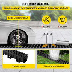 Bostome HDPE trench drain system with black plastic grates in a 6-pack for outdoor drainage.