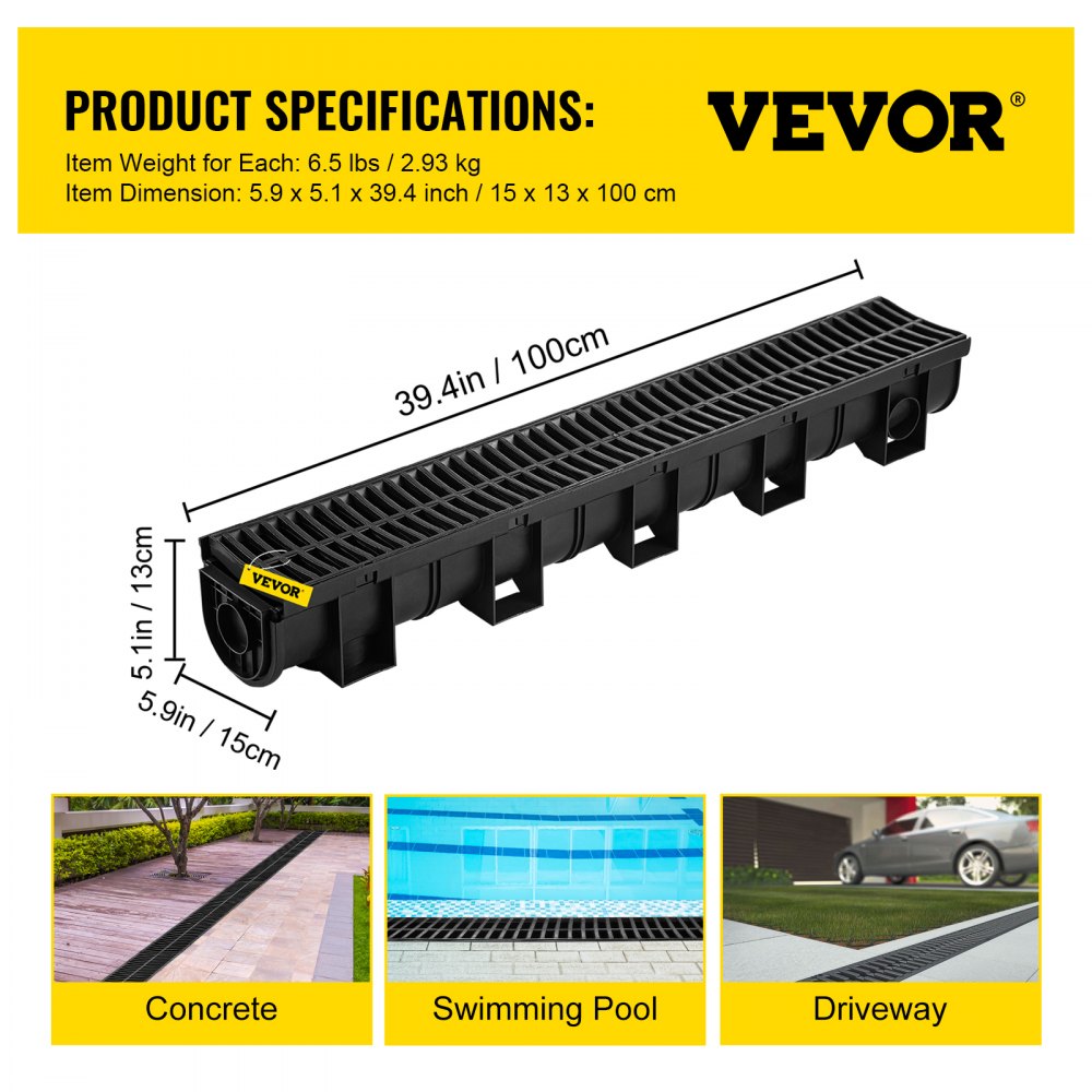 Bostome HDPE trench drain system with black plastic grates in a 6-pack for outdoor drainage.