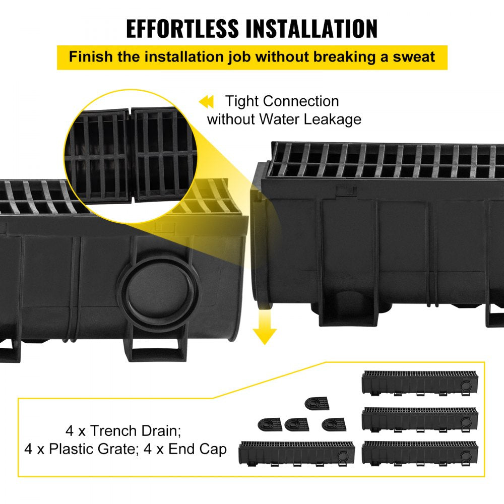 Black HDPE trench drain system with 4 interlocking channels, plastic grates, and end caps.
