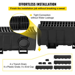 Black HDPE trench drain system with 4 interlocking channels, plastic grates, and end caps.