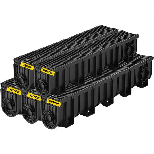 Bostome HDPE trench drain system with black plastic grates in a 5-pack for effective drainage.