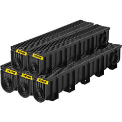 Bostome HDPE trench drain system with black plastic grates in a 5-pack for effective drainage.