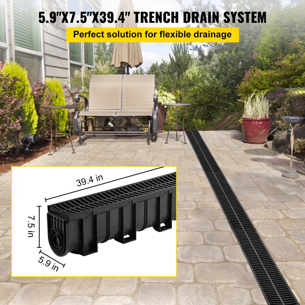 Bostome HDPE trench drain system with black plastic grates, includes 5 interlocking pieces.