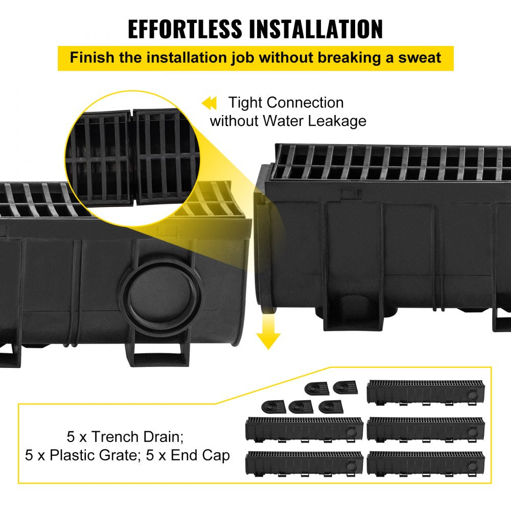 Bostome HDPE trench drain system with black plastic grates in a 5-pack, designed for drainage.