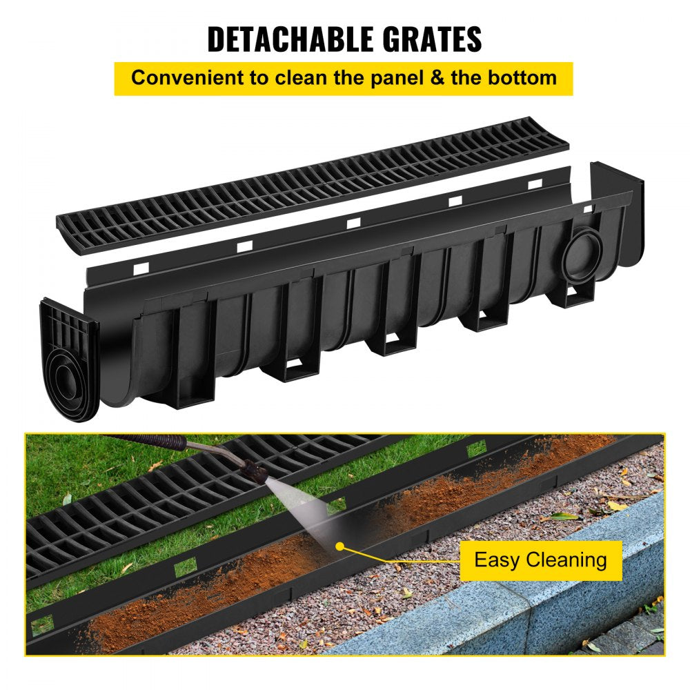 Bostome HDPE trench drain system with black plastic grate, includes five interlocking channels.
