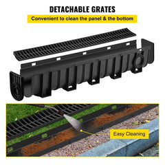 Bostome HDPE trench drain system with black plastic grate, includes five interlocking channels.