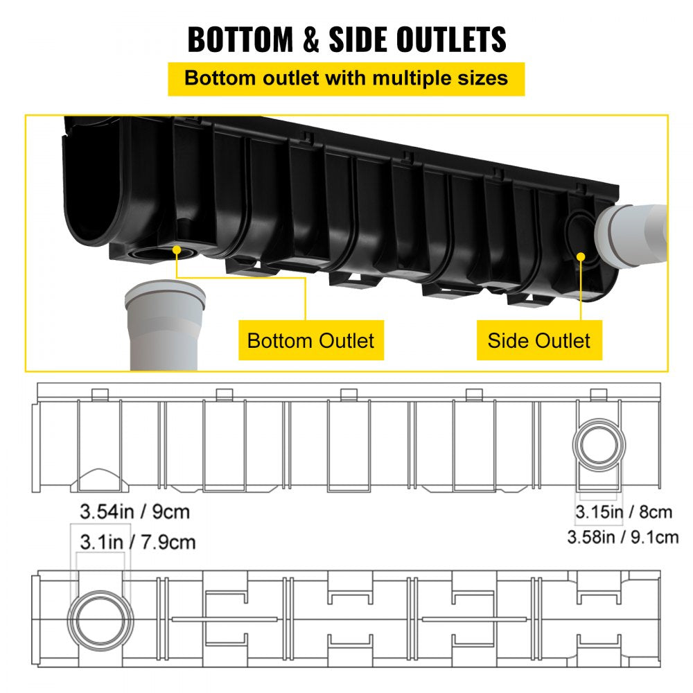 Bostome HDPE trench drain system with black plastic grates in a 5-pack for effective drainage.