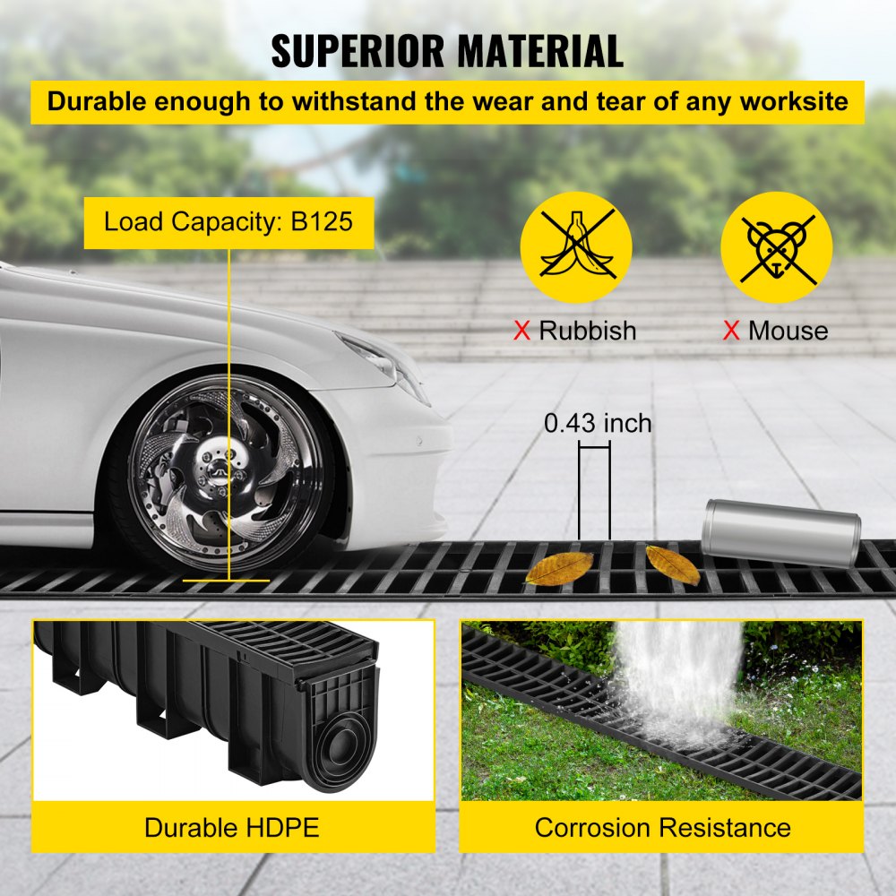 Bostome HDPE trench drain system with black plastic grate, includes five interlocking channels.