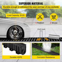 Bostome HDPE trench drain system with black plastic grate, includes five interlocking channels.
