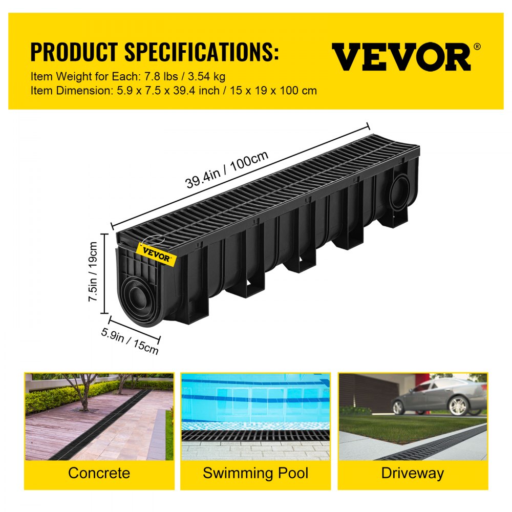 Bostome HDPE trench drain system with black plastic grates, includes five interlocking channels.