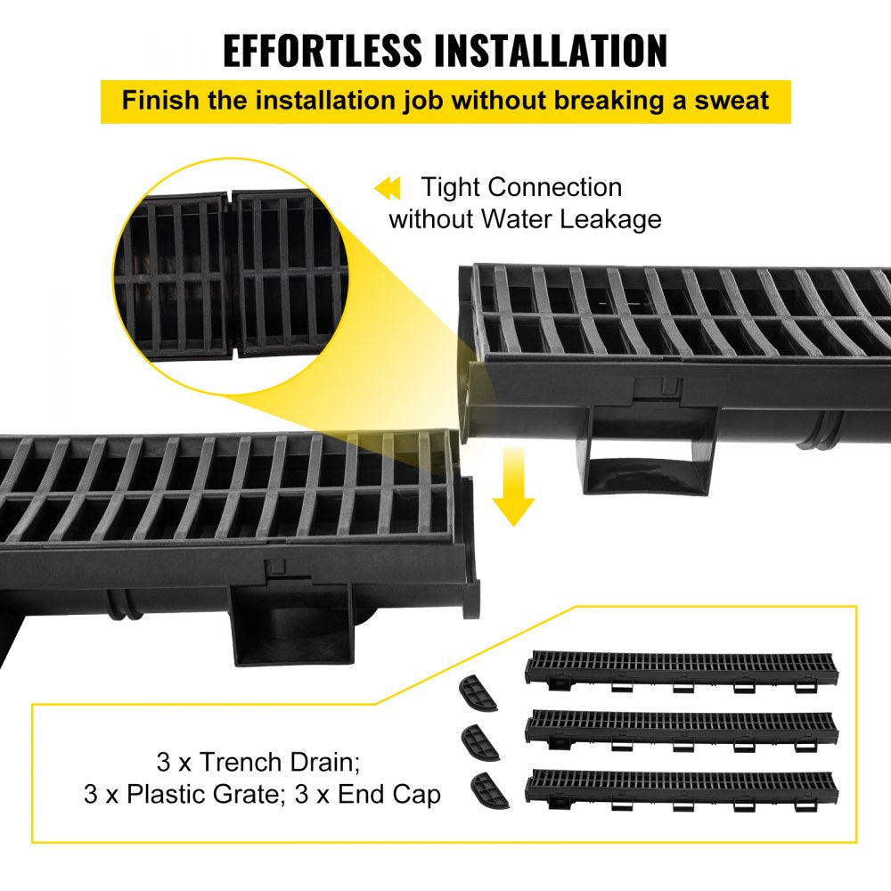 Black HDPE trench drain system with plastic grates, includes three interlocking sections.