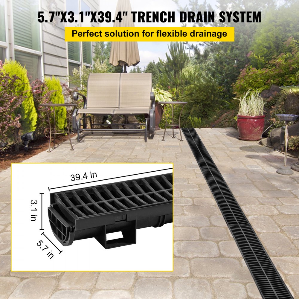 Black HDPE trench drain system with plastic grates, includes four 39.4-inch channels.