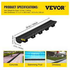 Black HDPE trench drain system with interlocking channels and detachable plastic grates, 4-pack.