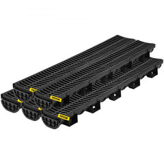 Black HDPE trench drain system with interlocking sections and plastic grates, 5-pack.