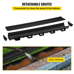 Black HDPE trench drain system with plastic grates, includes five interlocking sections.