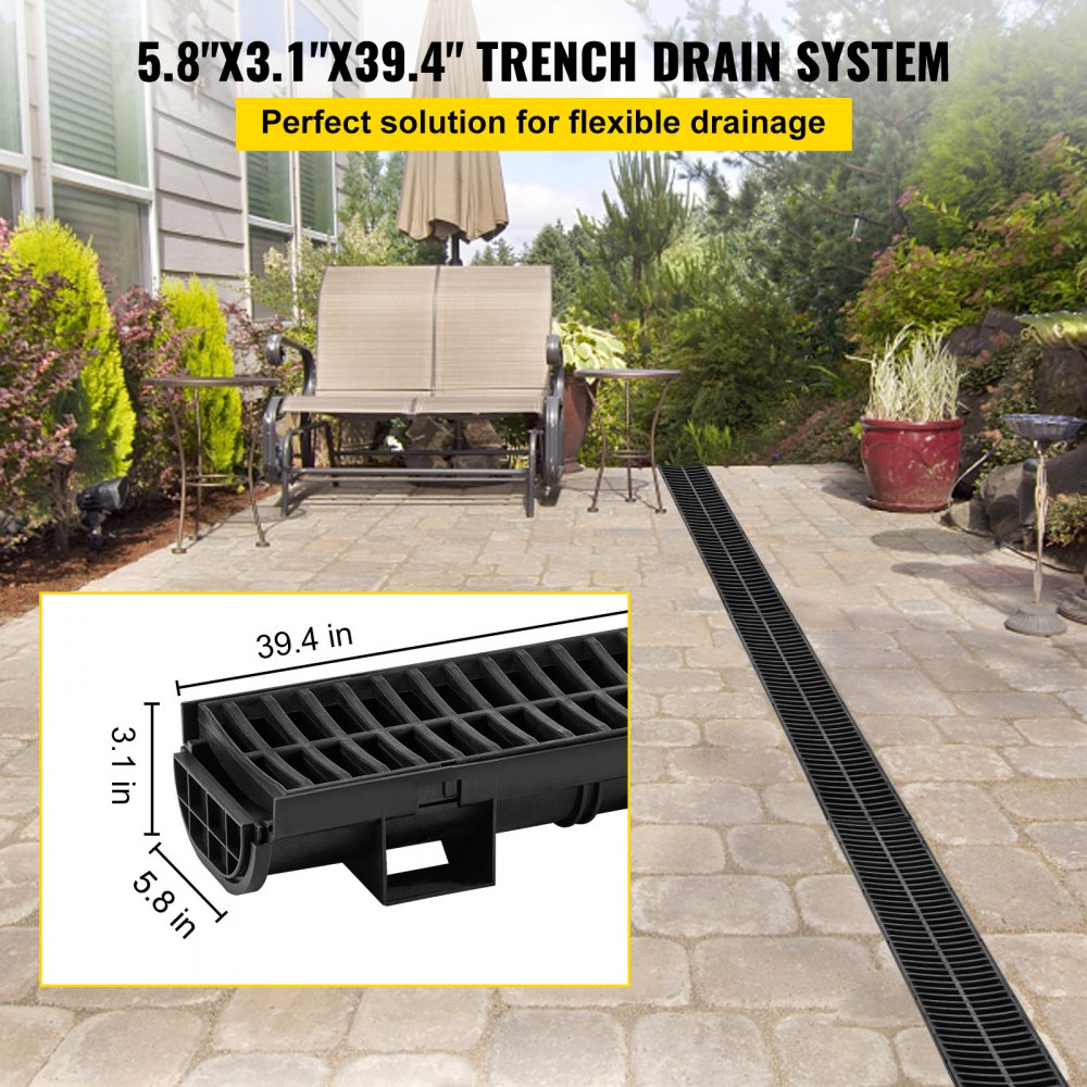 Black HDPE trench drain system with plastic grates, includes six interlocking sections.