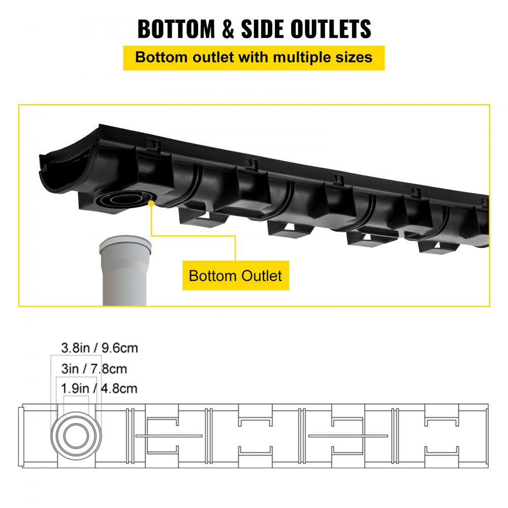 Bostome HDPE trench drain system with black plastic grates, includes six interlocking sections.