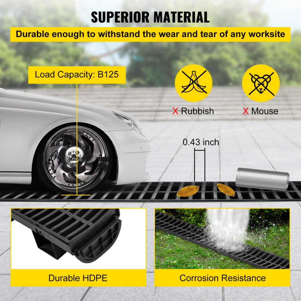 Bostome HDPE trench drain system with black plastic grates, includes six interlocking sections.
