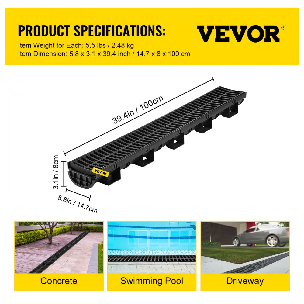 Bostome HDPE trench drain system with six black plastic grates and interlocking sections.