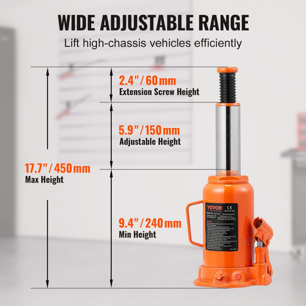 Hydraulic Bottle Jack, 20 Ton/44092 LBS All Welded Bottle Jack, 7.5-14 inch Lifting Range, with 3-section Long Handle, for Car, Pickup Truck, Truck, RV, Auto Repair, Industrial Engineering
