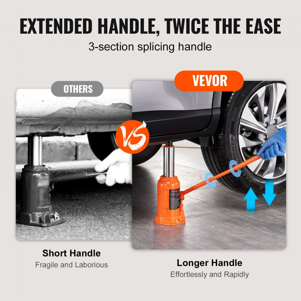 Hydraulic Bottle Jack, 20 Ton/44092 LBS All Welded Bottle Jack, 7.5-14 inch Lifting Range, with 3-section Long Handle, for Car, Pickup Truck, Truck, RV, Auto Repair, Industrial Engineering