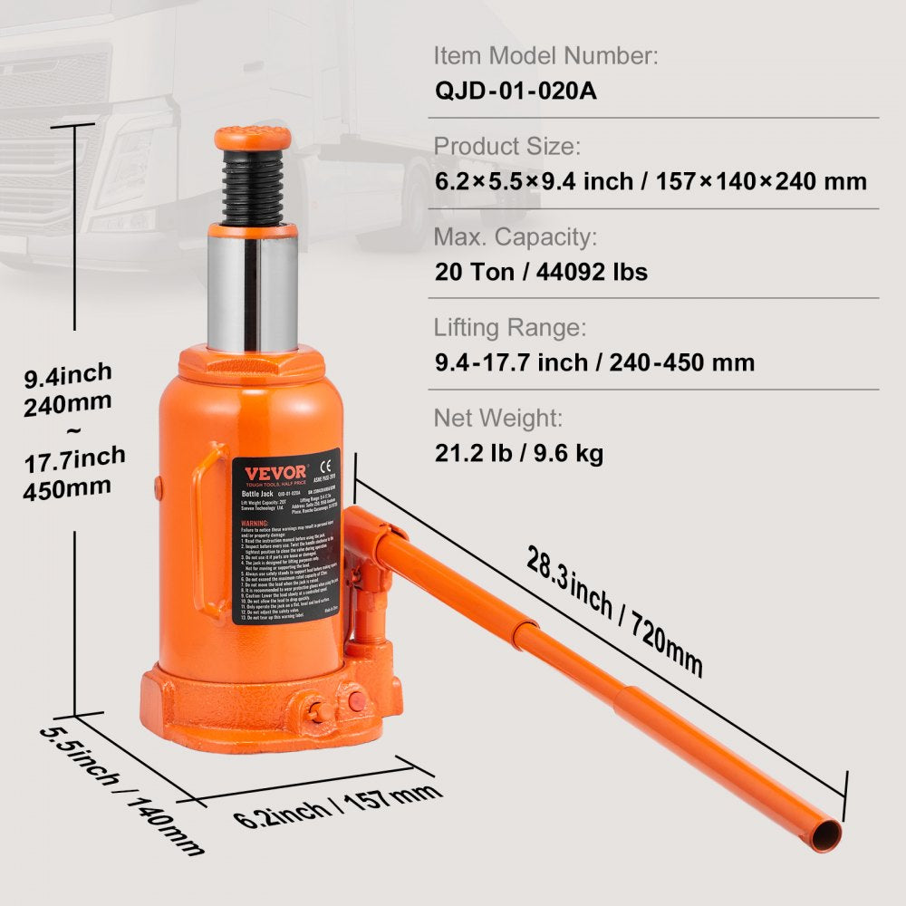 Hydraulic Bottle Jack, 20 Ton/44092 LBS All Welded Bottle Jack, 7.5-14 inch Lifting Range, with 3-section Long Handle, for Car, Pickup Truck, Truck, RV, Auto Repair, Industrial Engineering