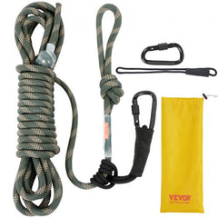 Bostome 30ft treestand safety lifeline rope with prusik knots and carabiners in camouflage design.