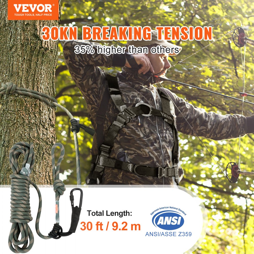Bostome 30ft treestand safety lifeline rope with prusik knots and carabiners in camouflage design.
