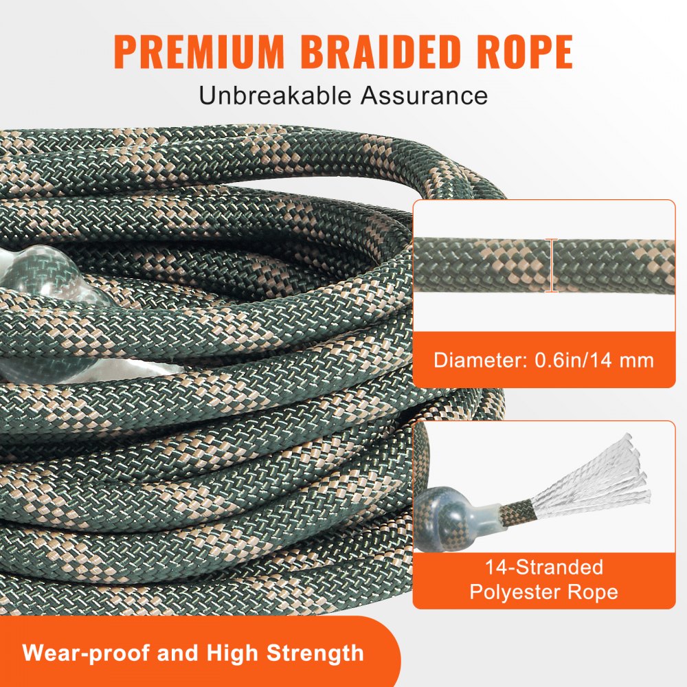 30ft camouflage safety lifeline rope with Prusik knots and heavy-duty carabiners for hunting.