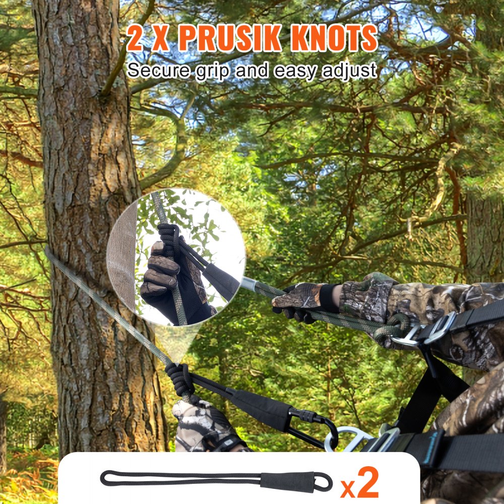 Bostome 30ft treestand safety lifeline rope with prusik knots and heavy-duty carabiners.