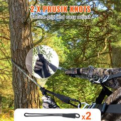 Bostome 30ft treestand safety lifeline rope with prusik knots and heavy-duty carabiners.