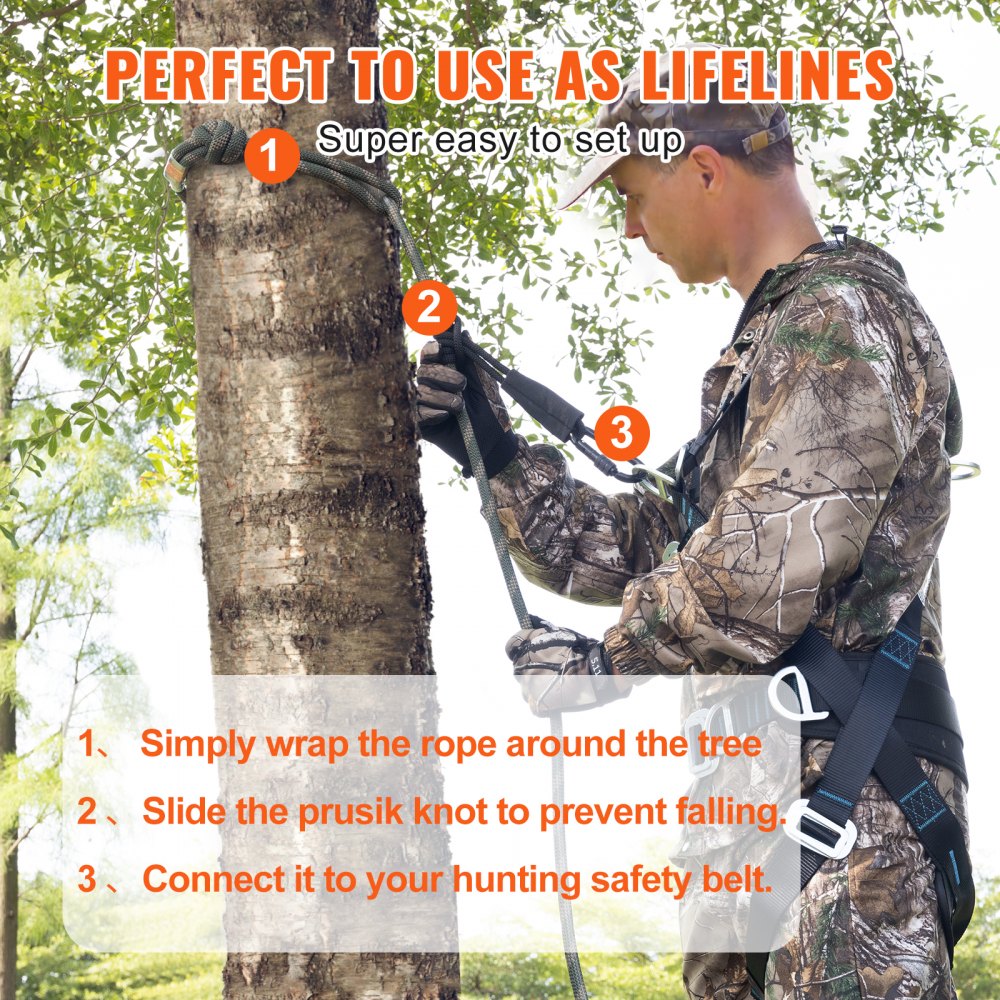 Bostome 30ft treestand safety lifeline rope with prusik knot and carabiners in camouflage design.