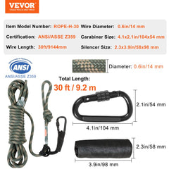 Bostome 30ft treestand safety lifeline rope with prusik knots and carabiners in camouflage design.