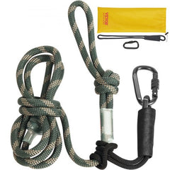 9ft green camo treestand safety rope with prusik knots, carabiners, and yellow pouch.