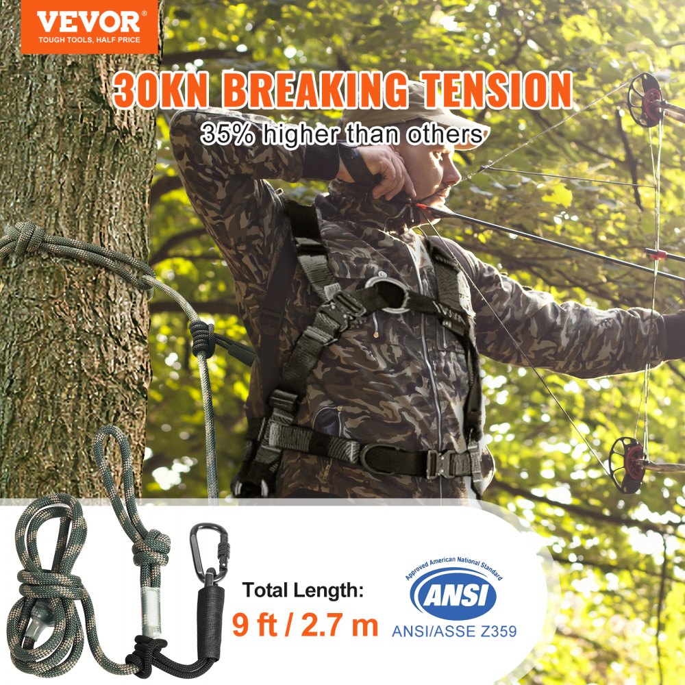 Man in camouflage wearing a harness with a 9-foot treestand safety rope featuring prusik knots and carabiners.