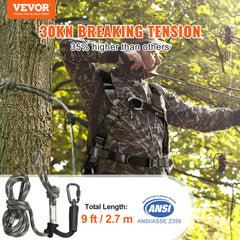 Man in camouflage wearing a harness with a 9-foot treestand safety rope featuring prusik knots and carabiners.