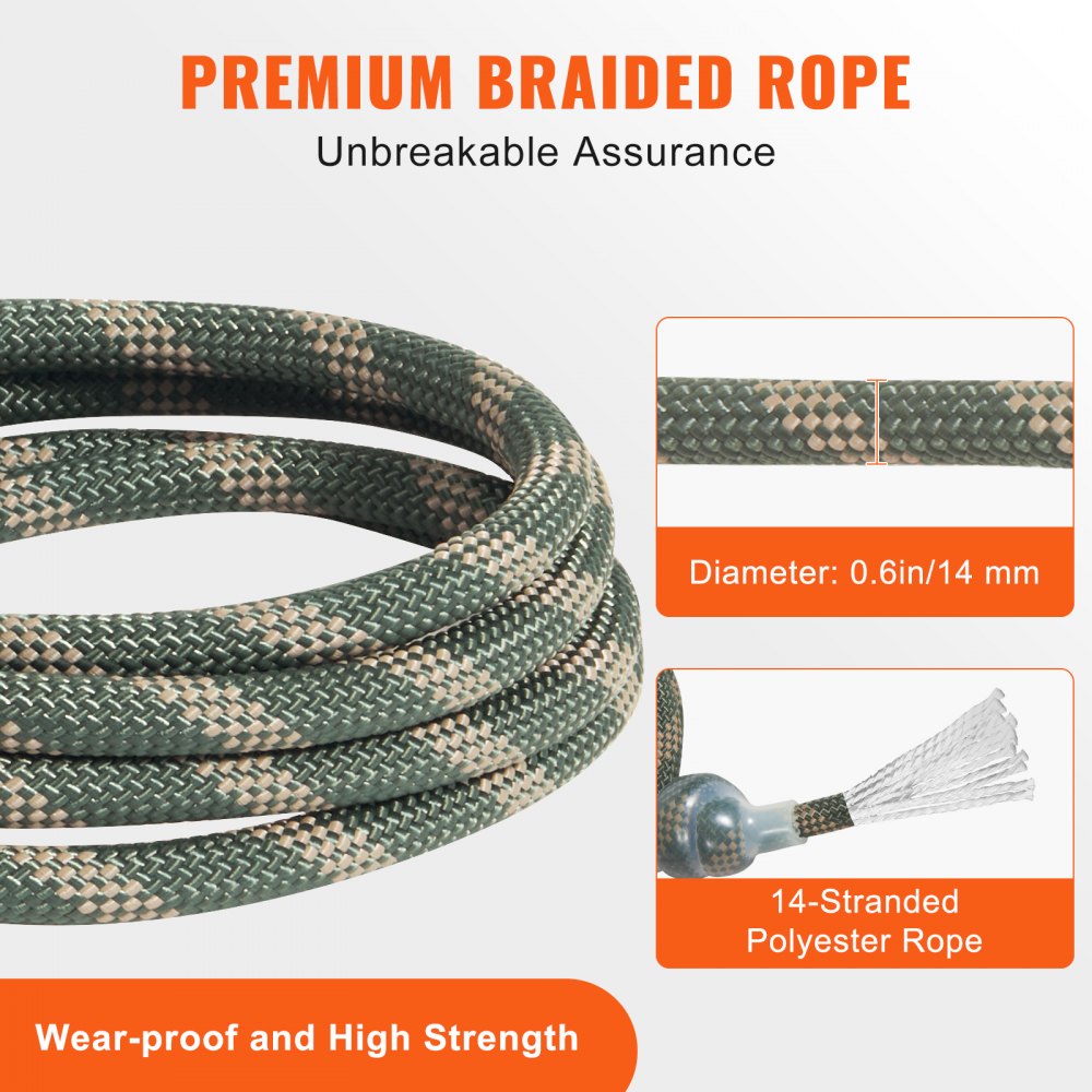9ft treestand safety rope in braided polyester with prusik knots and carabiners.