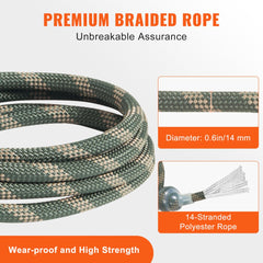 9ft treestand safety rope in braided polyester with prusik knots and carabiners.
