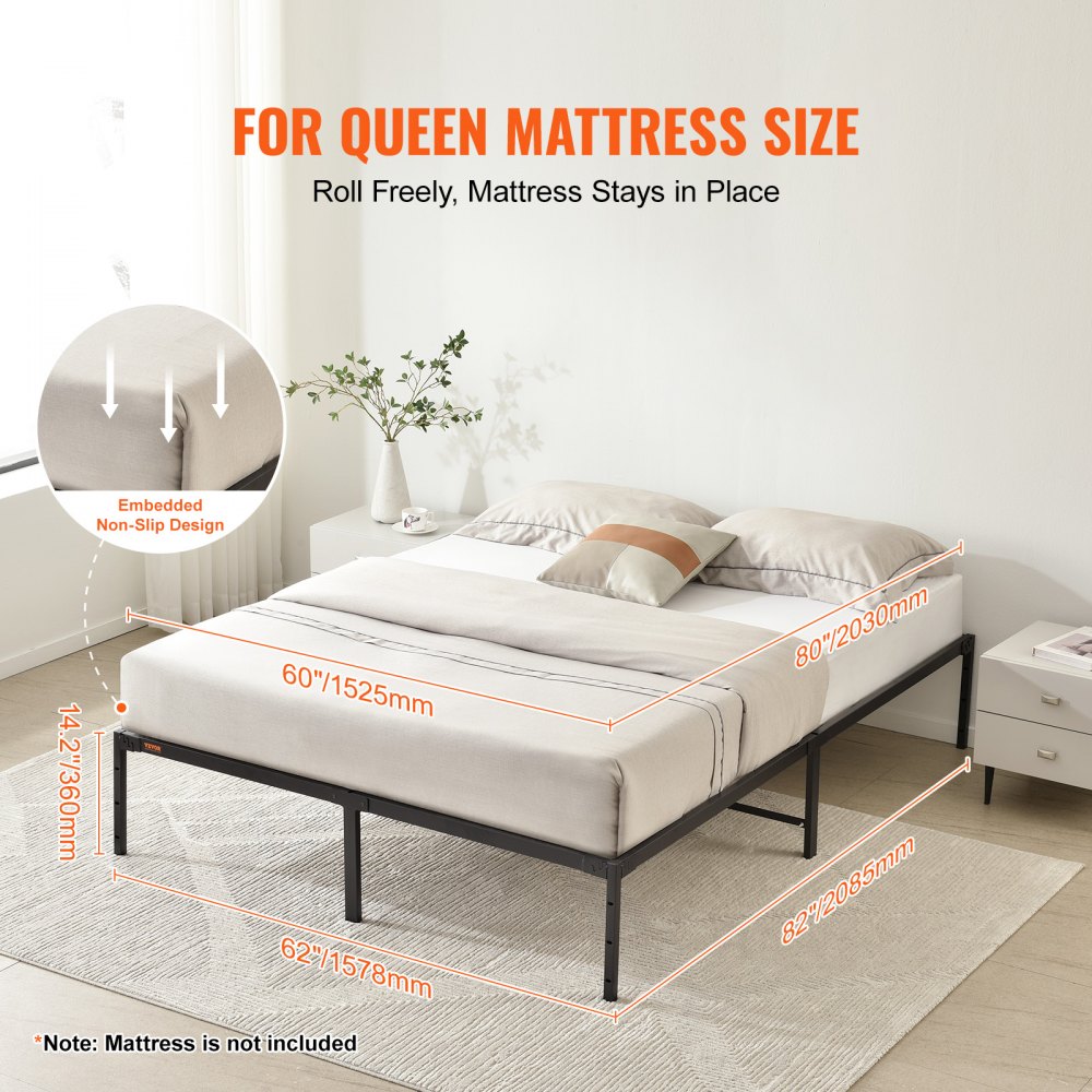 14 Inch Queen Metal Bed Frame Platform, No Box Spring Needed, 1500 lbs Loading Capacity Embedded Heavy Duty Mattress Foundation with Steel Slat Support, Easy Assembly, Noise Free
