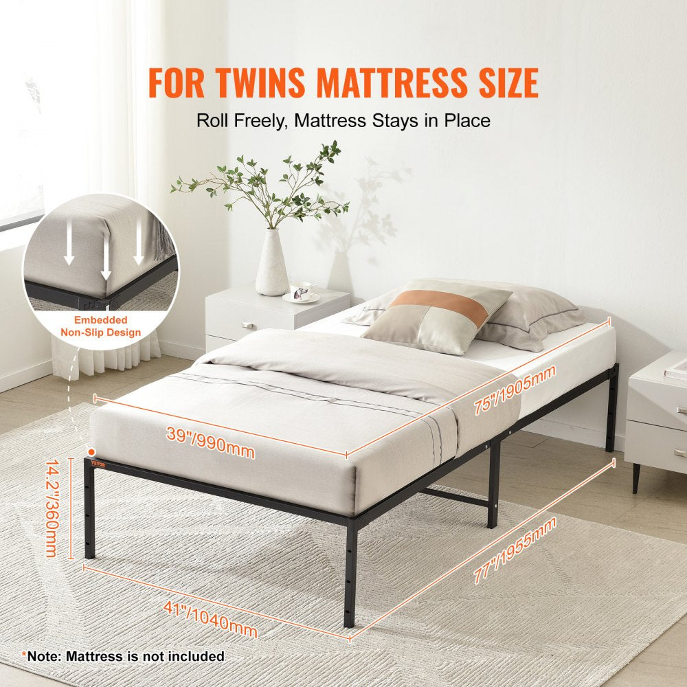 14 Inch Twin Metal Bed Frame Platform, No Box Spring Needed, Embedded Mattress Foundation with Steel Slat Support, Easy Assembly, Noise Free