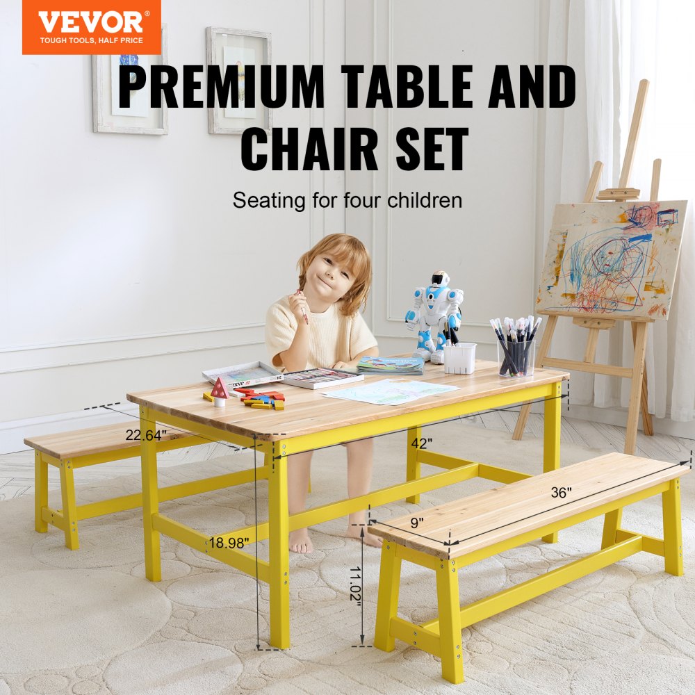 Kids Table and Bench Set, Toddler Table and Chair Set of 3, Wood Activity Table for Art, Craft, Reading, Learning