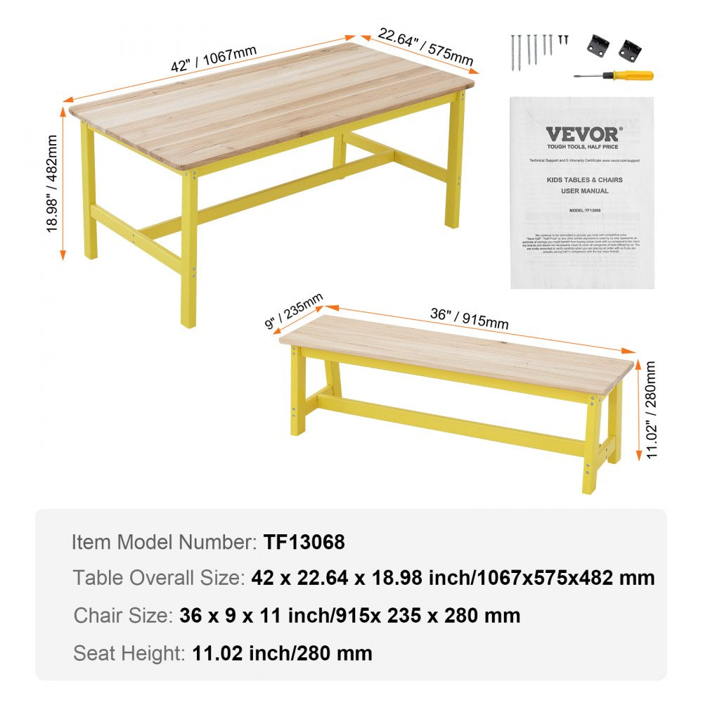 Kids Table and Bench Set, Toddler Table and Chair Set of 3, Wood Activity Table for Art, Craft, Reading, Learning